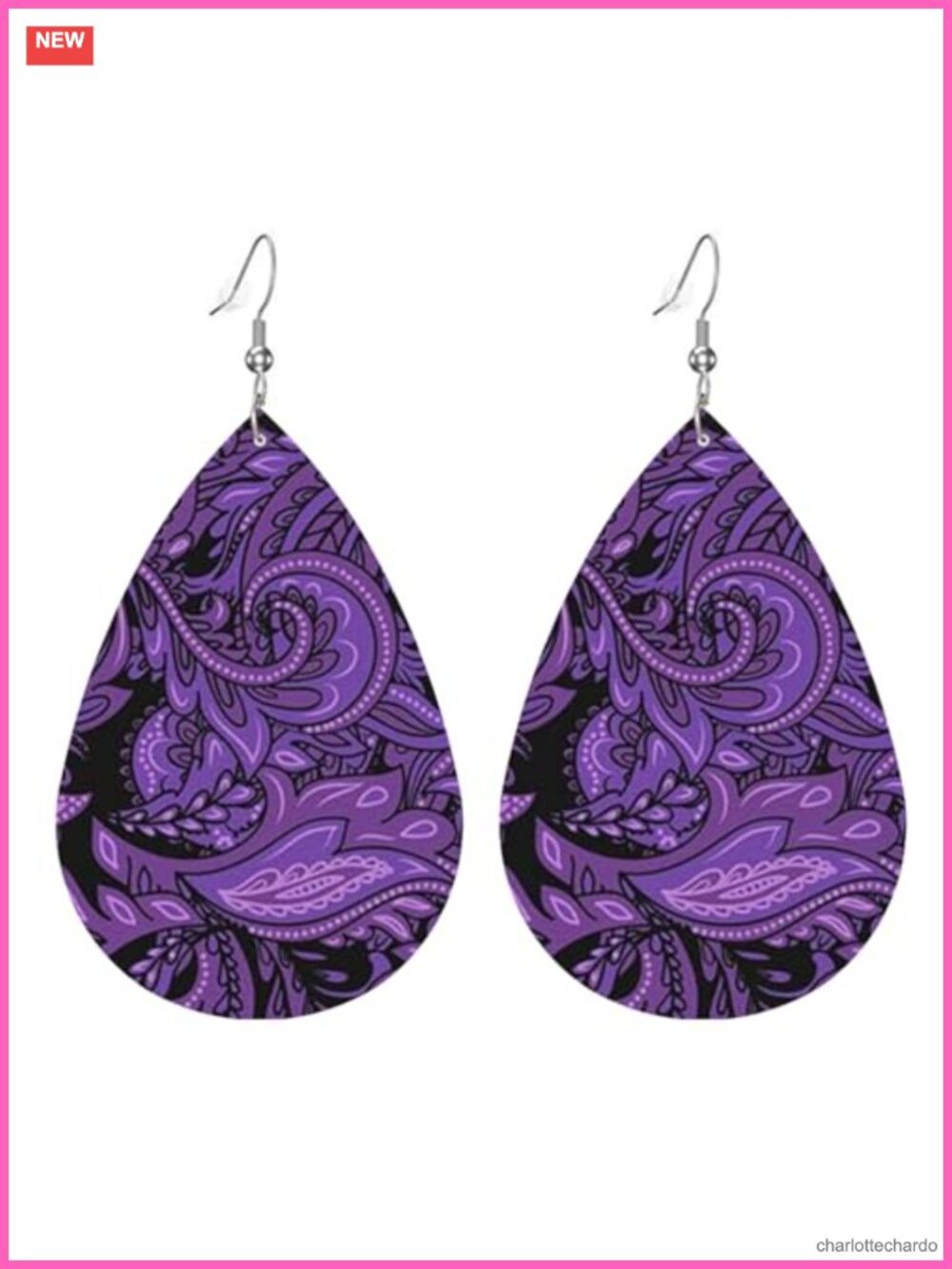 Leather Teardrop Paisley Print Ear Hook Dangle Earrings for Women